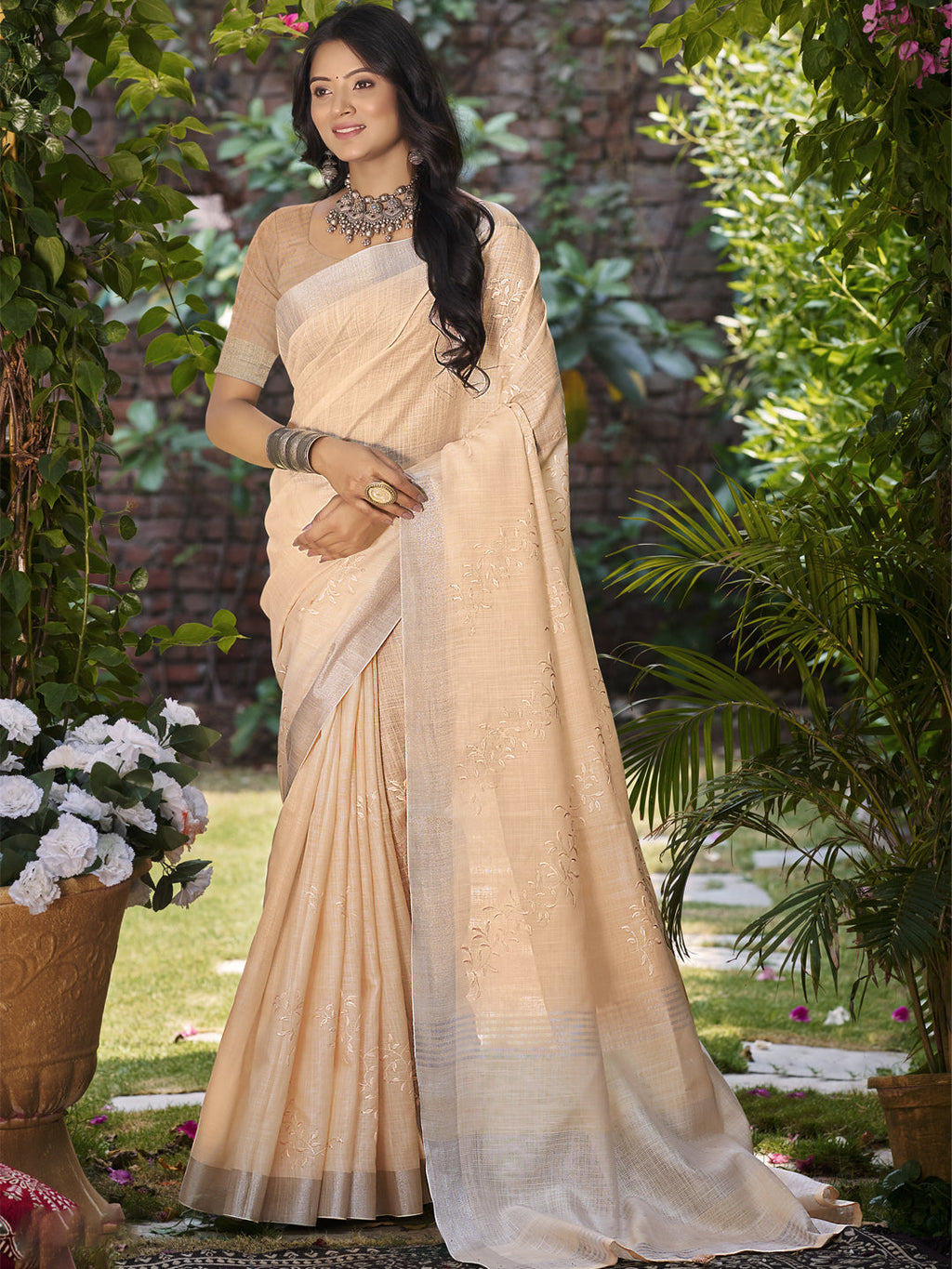 Sangam Prints Peach Linen Woven Work Traditional Saree - Distacart
