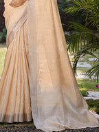 Sangam Prints Peach Linen Woven Work Traditional Saree - Distacart