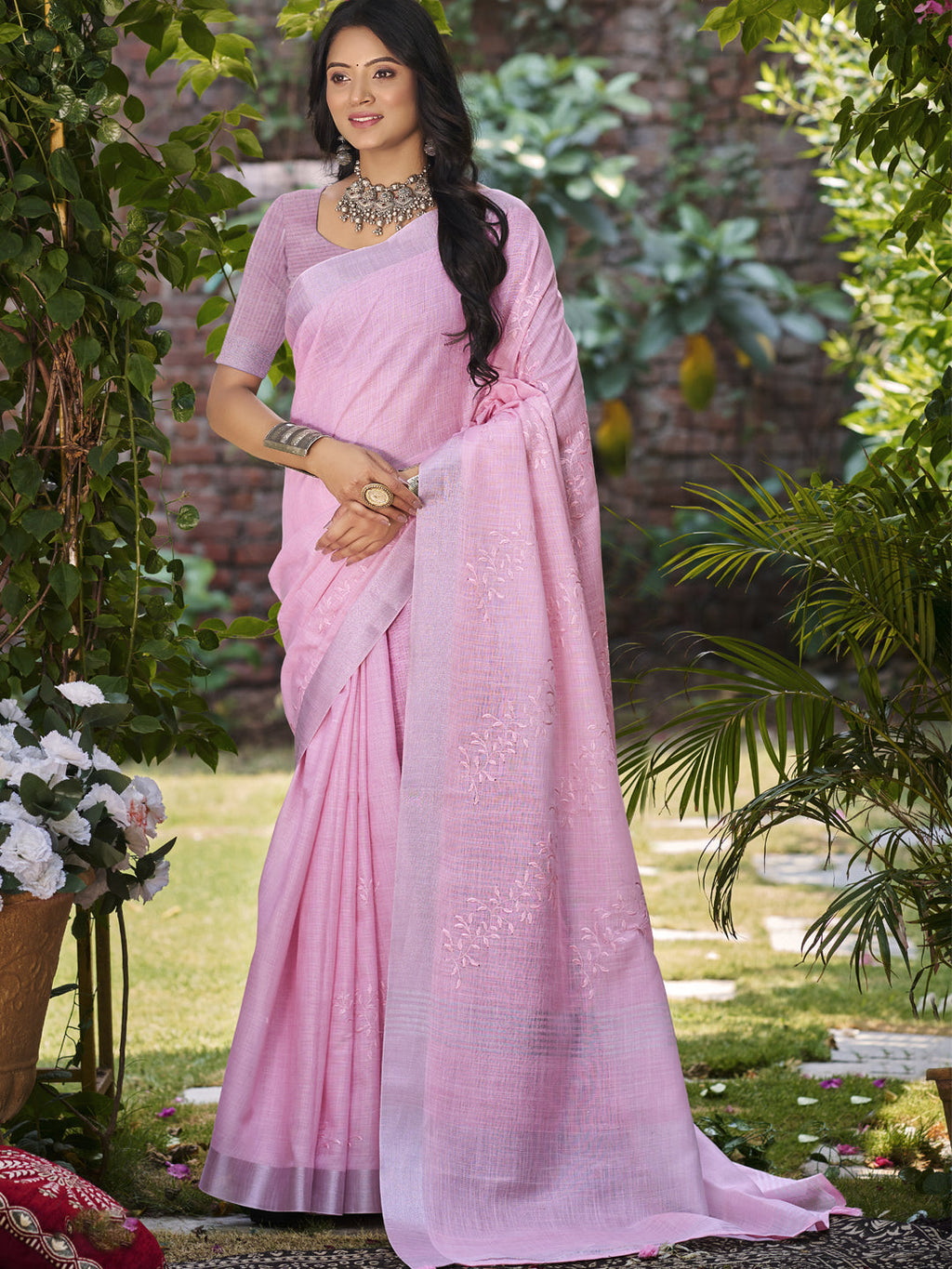 Sangam Prints Dark Pink Linen Woven Work Traditional Saree - Distacart