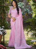 Sangam Prints Dark Pink Linen Woven Work Traditional Saree - Distacart