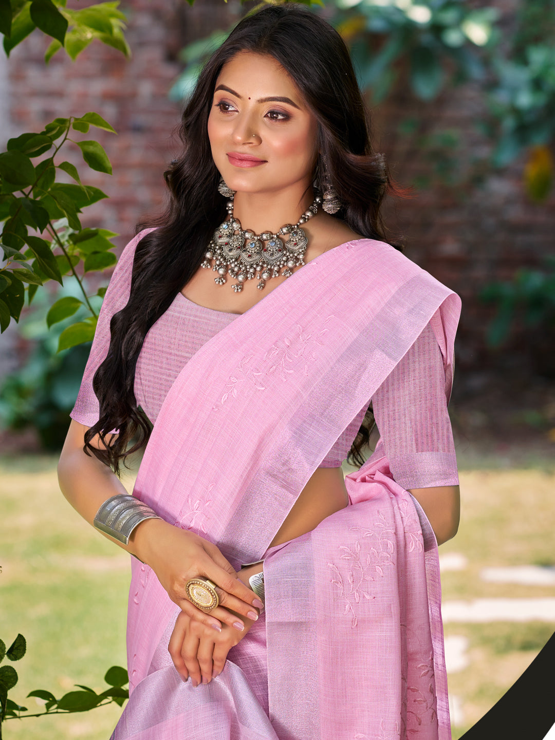 Sangam Prints Dark Pink Linen Woven Work Traditional Saree - Distacart