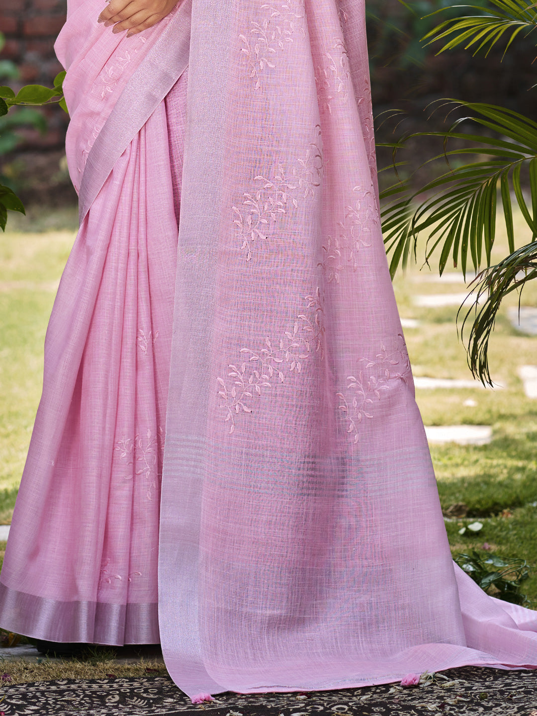 Sangam Prints Dark Pink Linen Woven Work Traditional Saree - Distacart