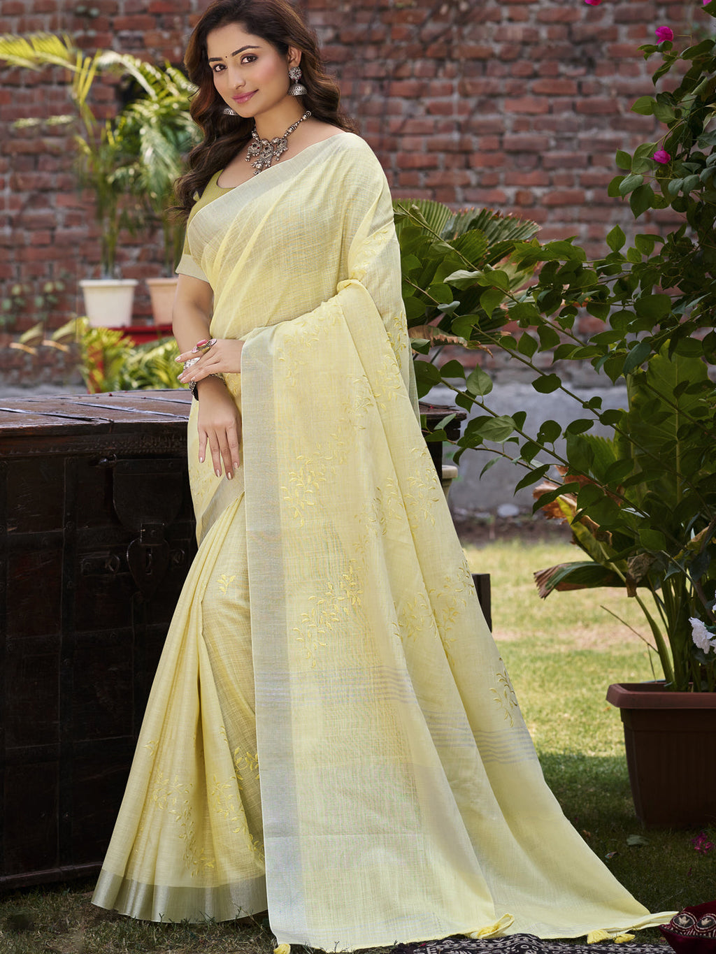 Sangam Prints Yellow Linen Woven Work Traditional Saree - Distacart