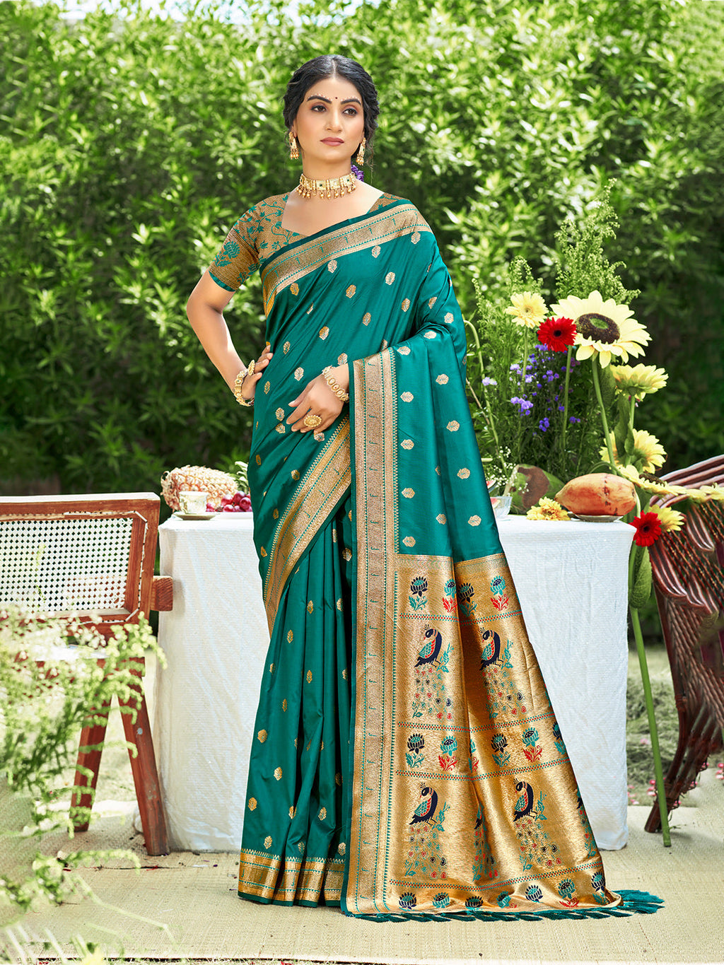 Sangam Prints Teal Green Silk Woven Work Traditional Saree - Distacart