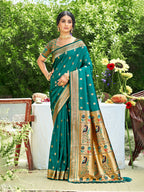 Sangam Prints Teal Green Silk Woven Work Traditional Saree - Distacart