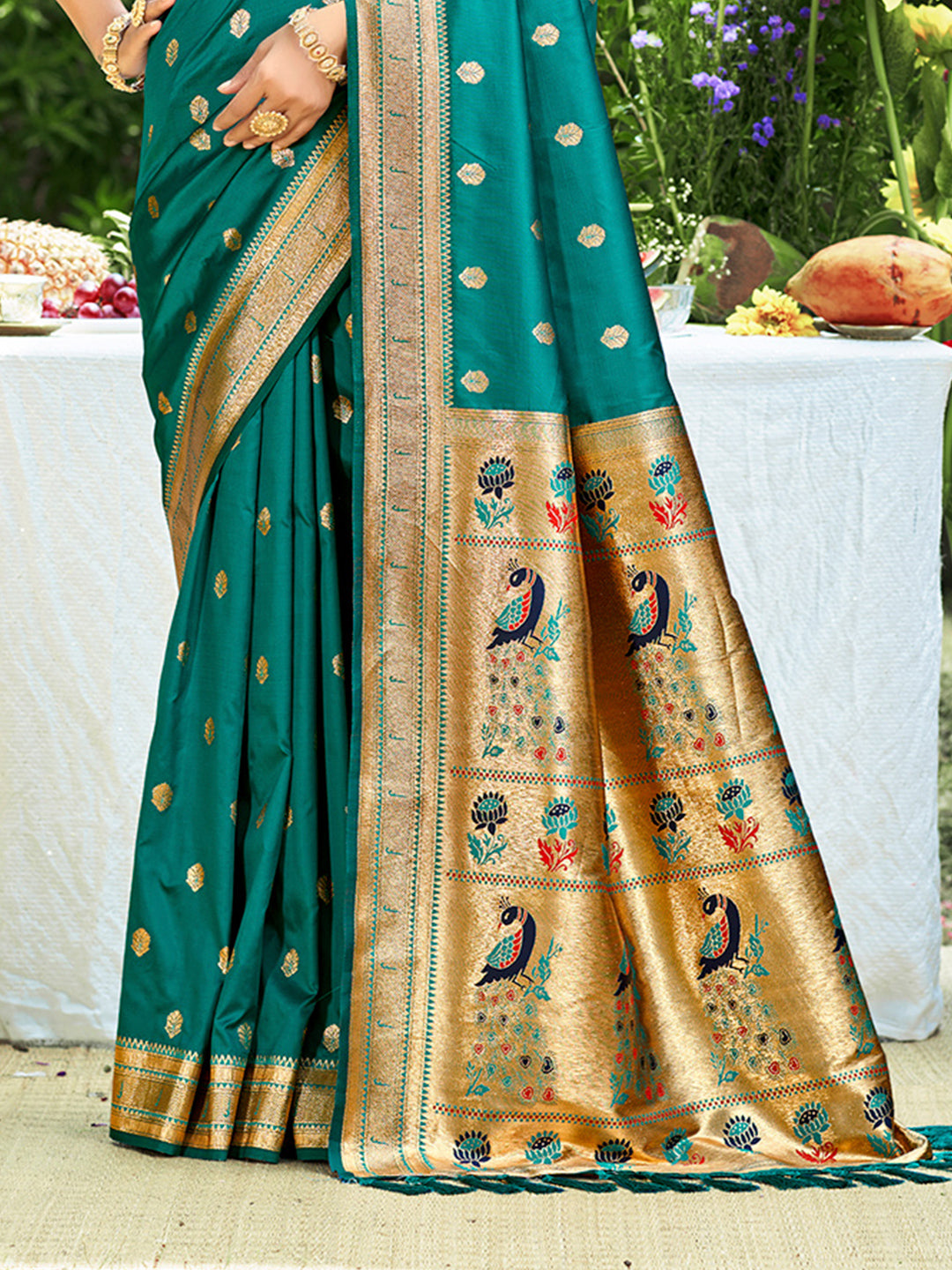 Sangam Prints Teal Green Silk Woven Work Traditional Saree - Distacart