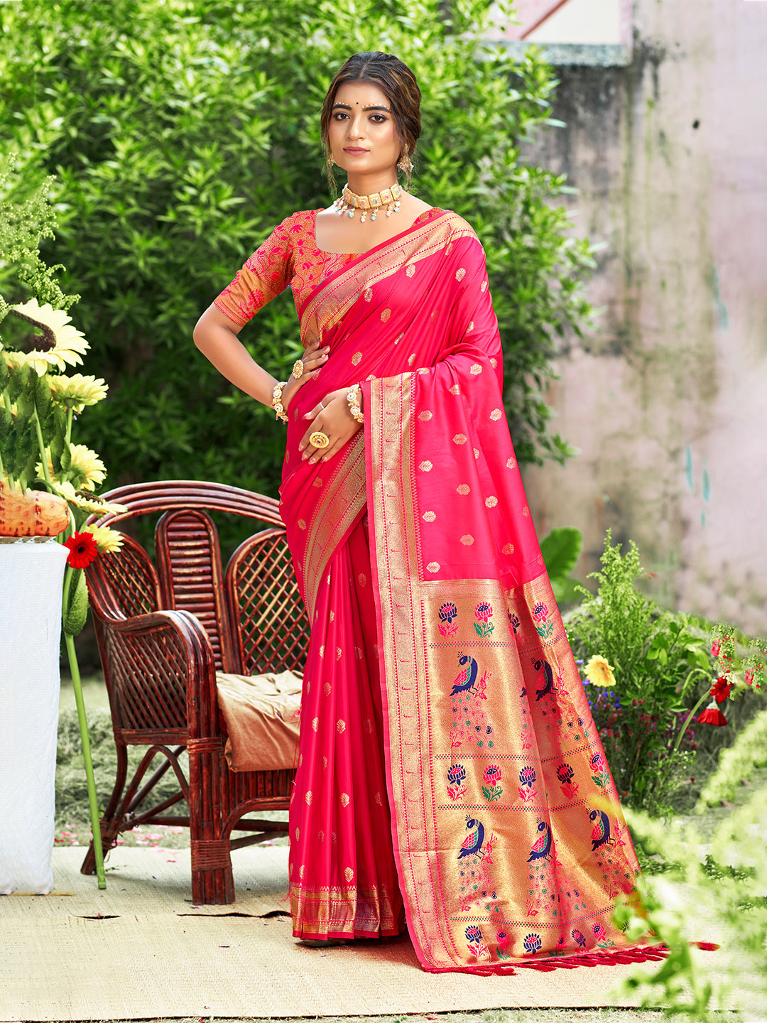 Sangam Prints Rani Pink Silk Woven Work Traditional Saree - Distacart