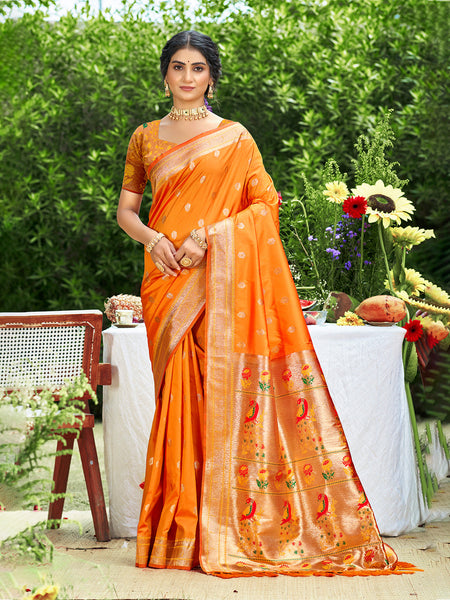 Sangam Prints Orange Silk Woven Work Traditional Saree