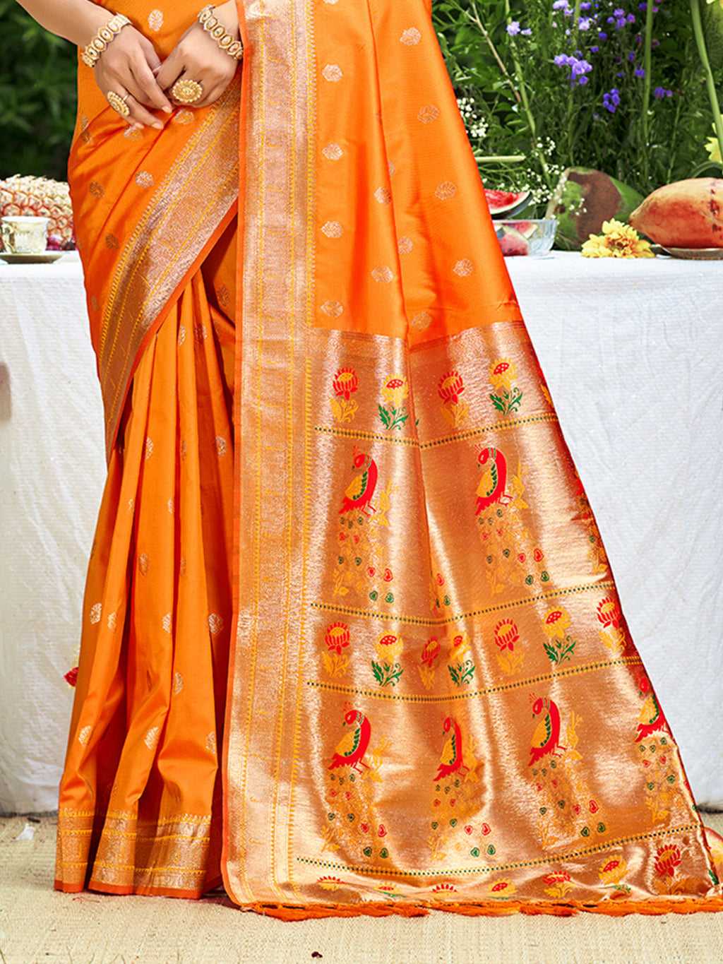 Sangam Prints Orange Silk Woven Work Traditional Saree - Distacart