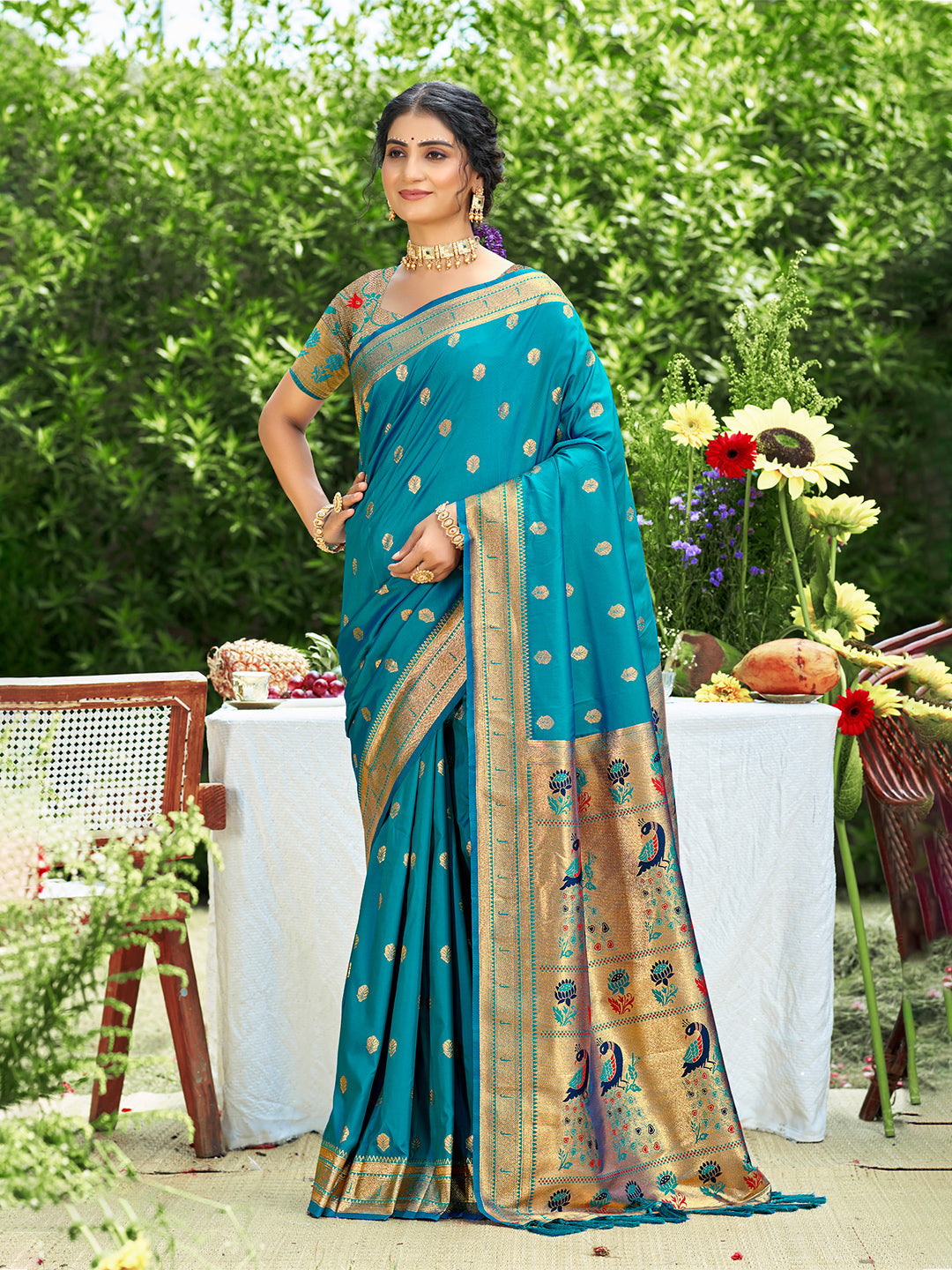 Sangam Prints Teal Silk Woven Work Traditional Saree - Distacart