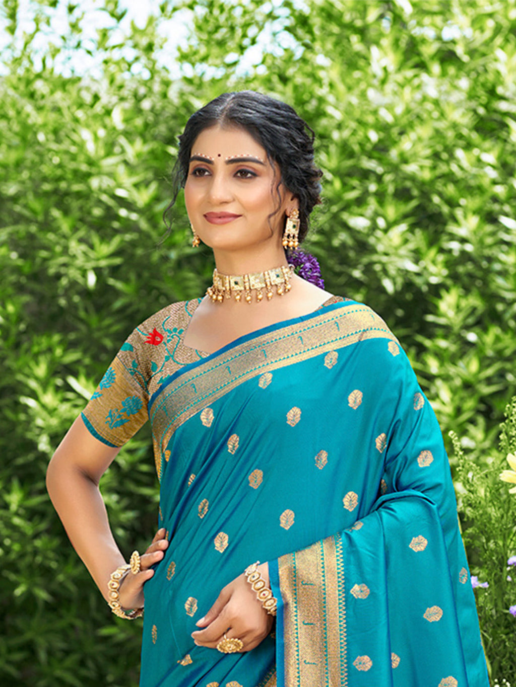 Sangam Prints Teal Silk Woven Work Traditional Saree - Distacart