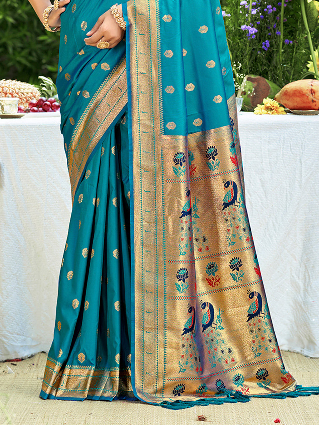 Sangam Prints Teal Silk Woven Work Traditional Saree - Distacart