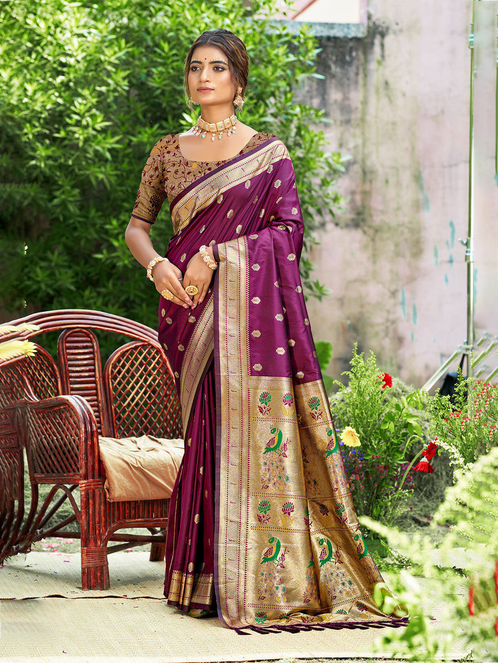 Sangam Prints Wine Silk Woven Work Traditional Saree - Distacart