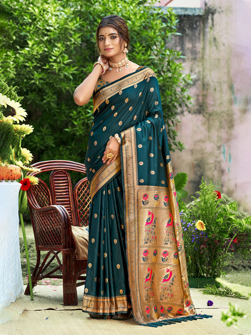 Sangam Prints Teal Blue Silk Woven Work Traditional Saree - Distacart
