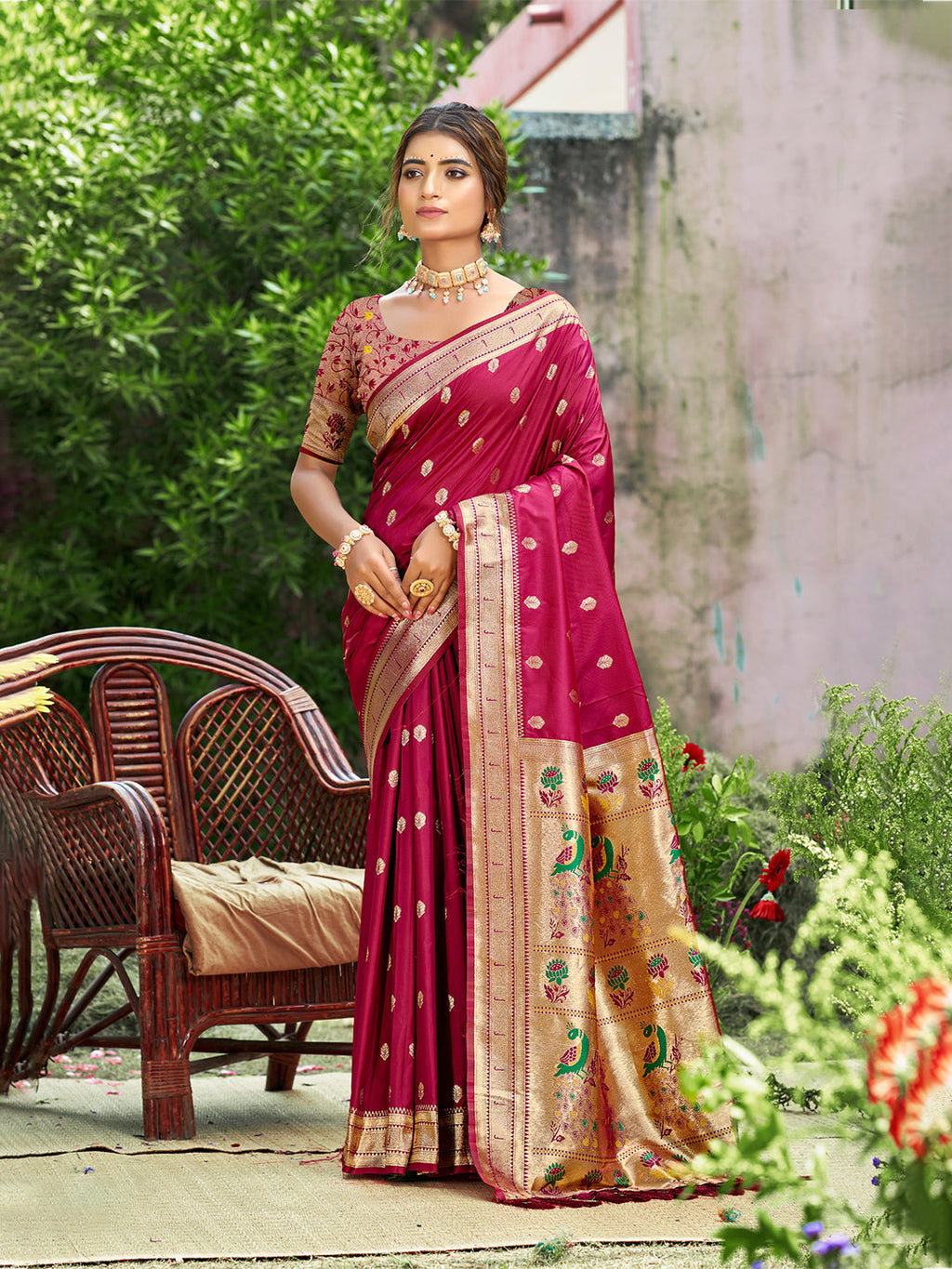 Sangam Prints Pink Silk Woven Work Traditional Saree - Distacart