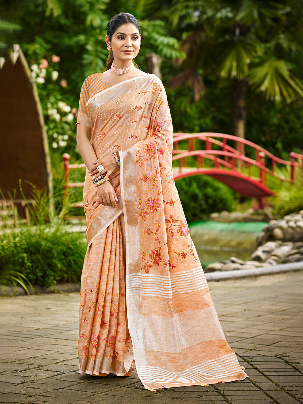 Sangam Prints Peach Linen Woven Work Traditional Saree