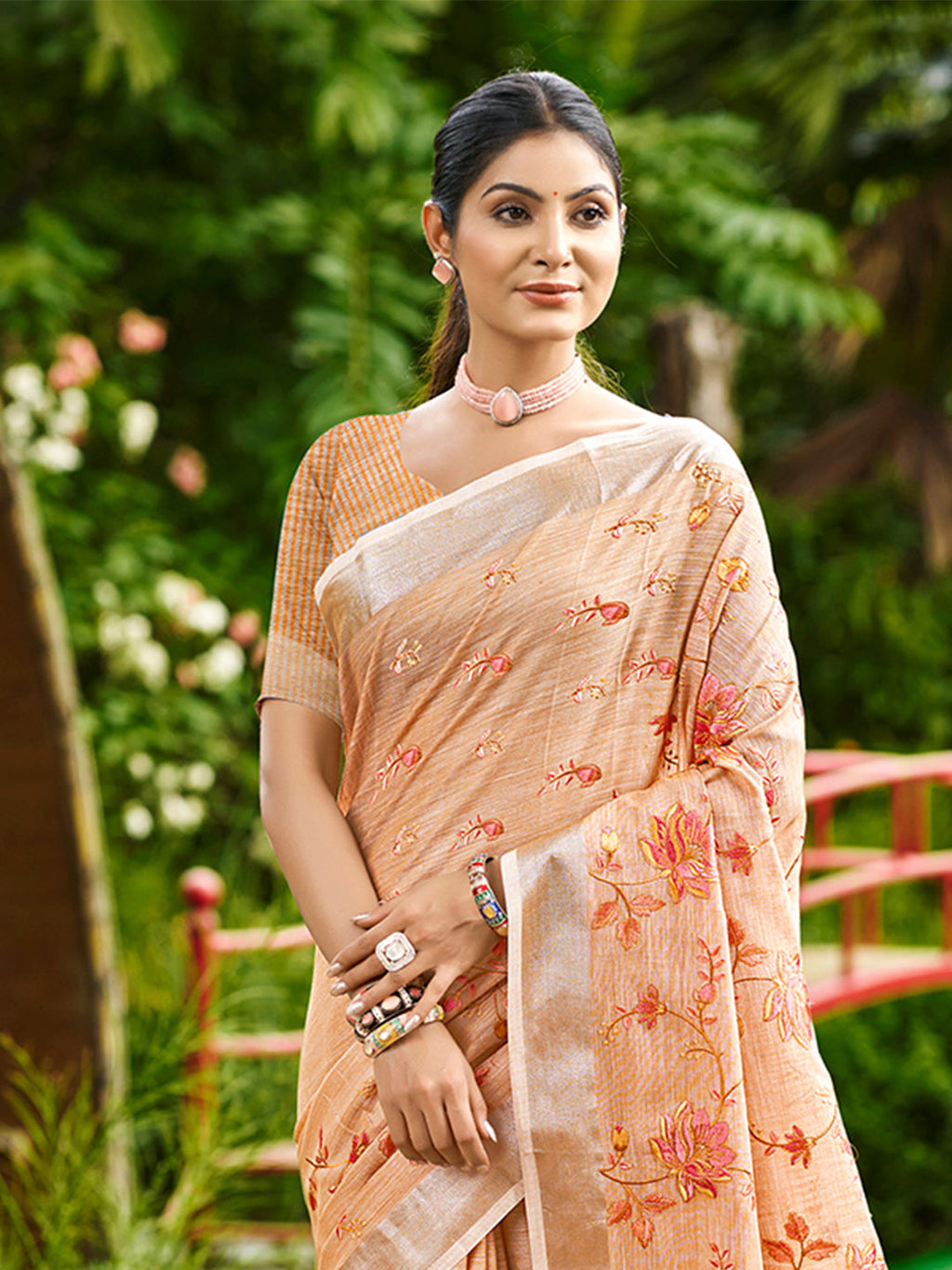 Sangam Prints Peach Linen Woven Work Traditional Saree