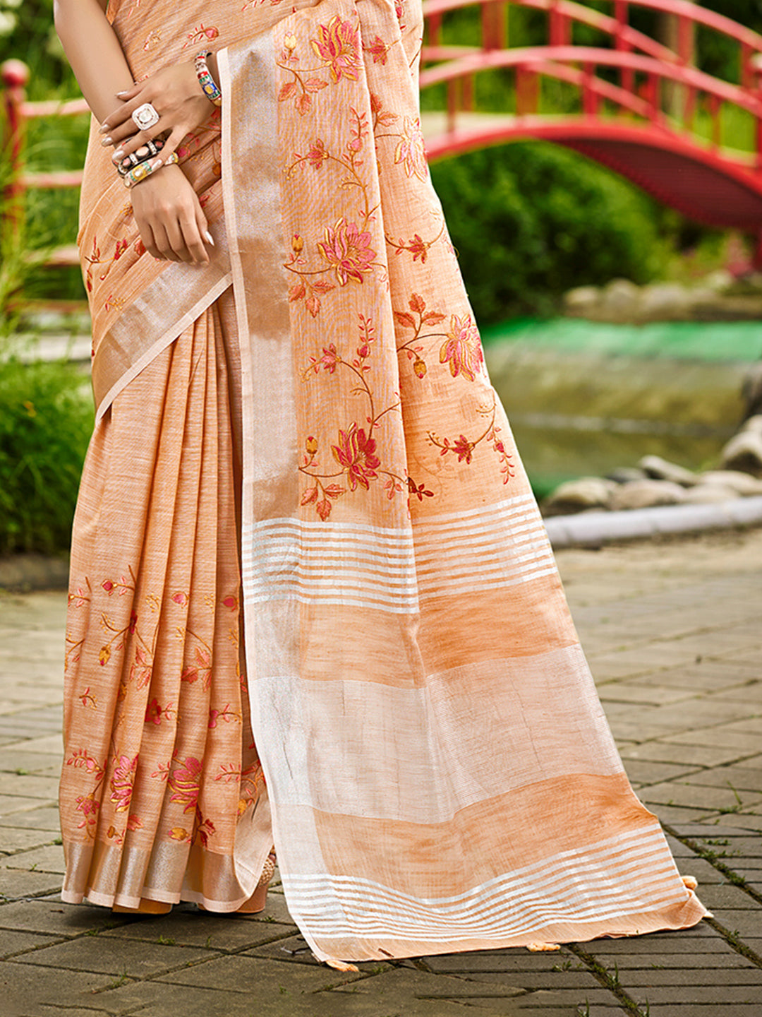 Sangam Prints Peach Linen Woven Work Traditional Saree