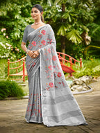 Sangam Prints Grey Linen Woven Work Traditional Saree