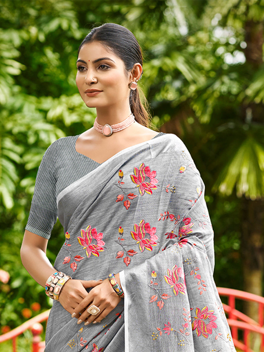 Sangam Prints Grey Linen Woven Work Traditional Saree