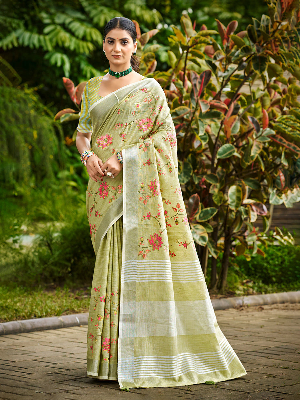 Sangam Prints Lime Green Linen Woven Work Traditional Saree