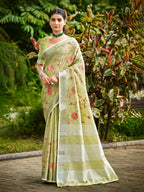 Sangam Prints Lime Green Linen Woven Work Traditional Saree
