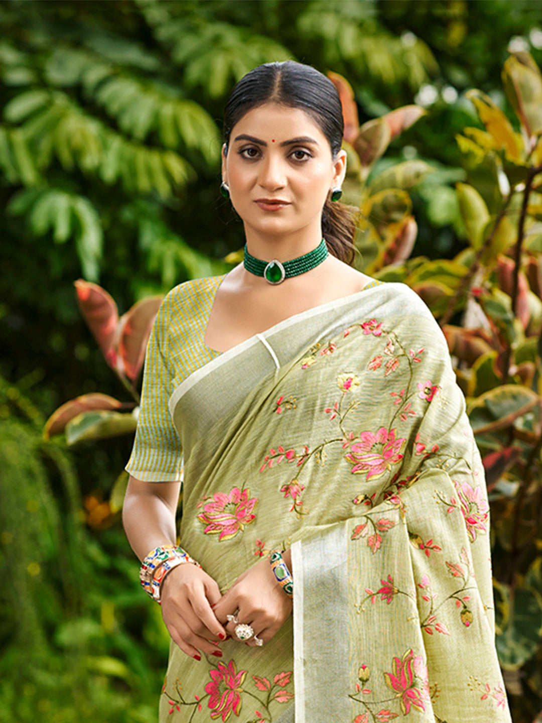 Sangam Prints Lime Green Linen Woven Work Traditional Saree