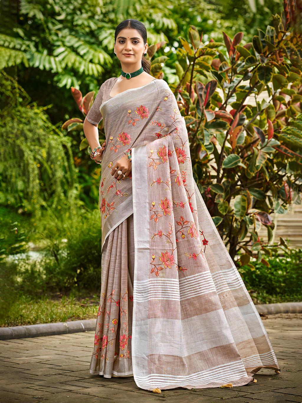 Sangam Prints Brown  Linen Woven Work Traditional Saree