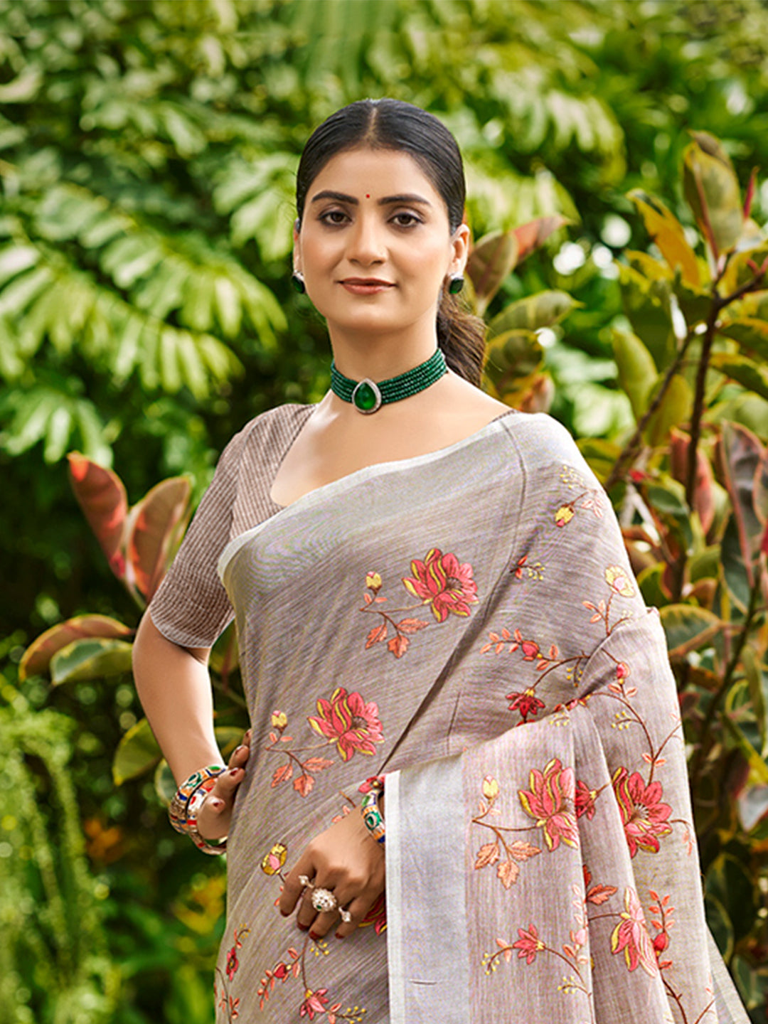 Sangam Prints Brown  Linen Woven Work Traditional Saree