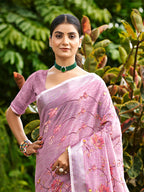 Sangam Prints Onion Pink Linen Woven Work Traditional Saree