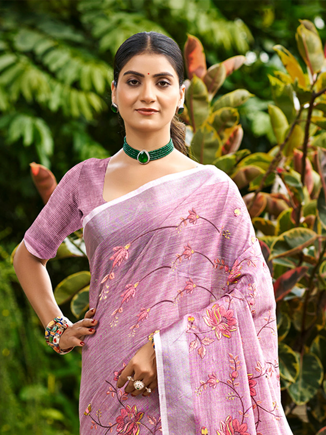 Sangam Prints Onion Pink Linen Woven Work Traditional Saree