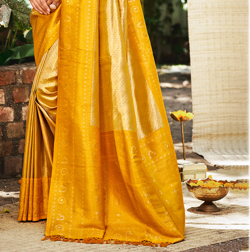 Sangam Prints Yellow Kanjivaram Silk Woven Work Traditional Saree - Distacart