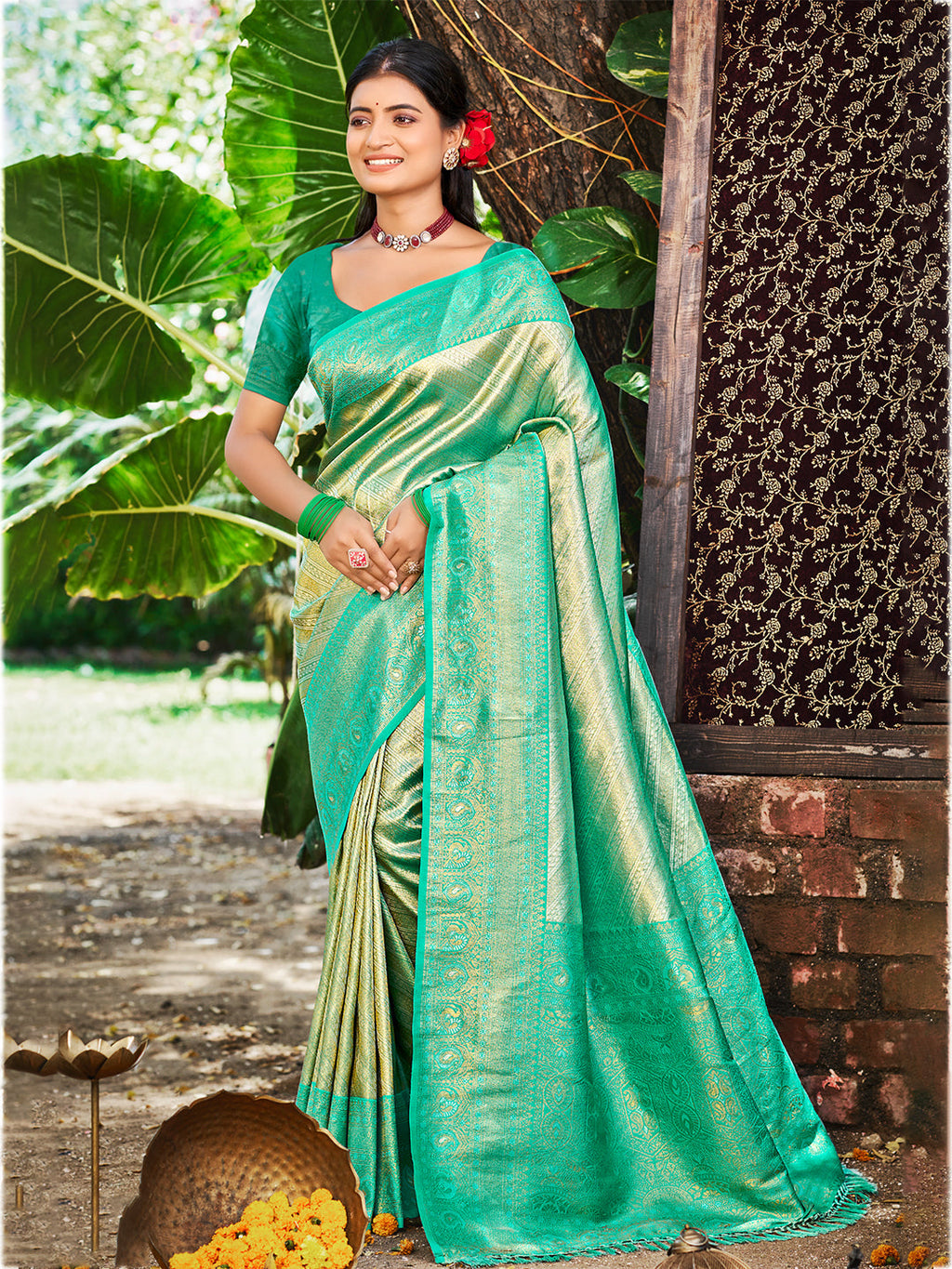 Sangam Prints Sea Green Kanjivaram Silk Woven Work Traditional Saree - Distacart