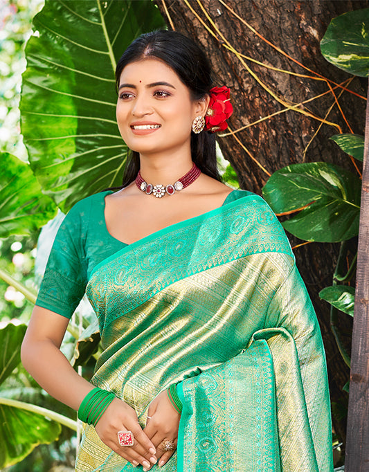 Sangam Prints Sea Green Kanjivaram Silk Woven Work Traditional Saree - Distacart