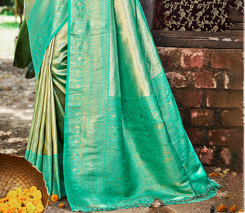 Sangam Prints Sea Green Kanjivaram Silk Woven Work Traditional Saree - Distacart