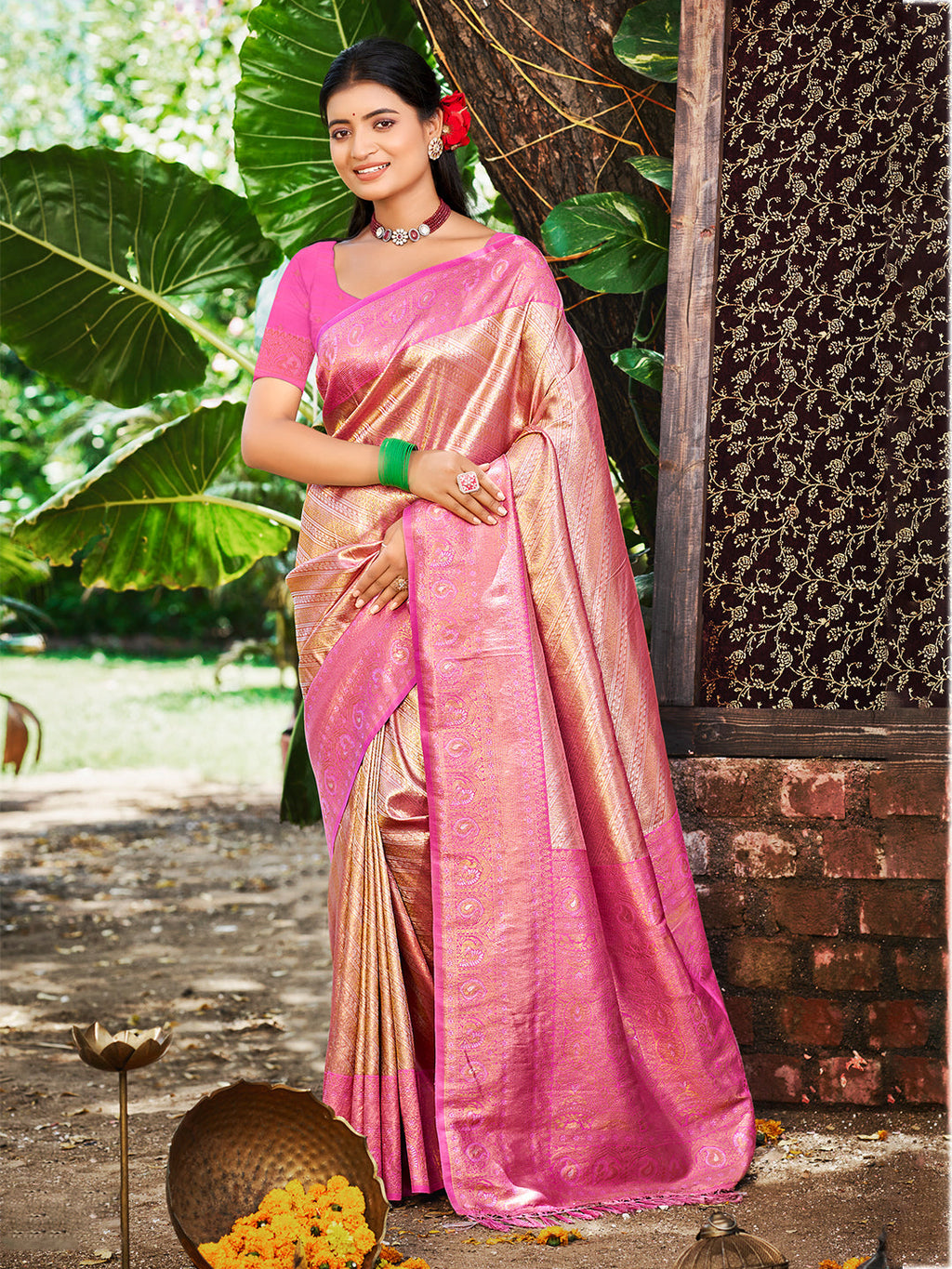 Sangam Prints Rani Pink Kanjivaram Silk Woven Work Traditional Saree - Distacart