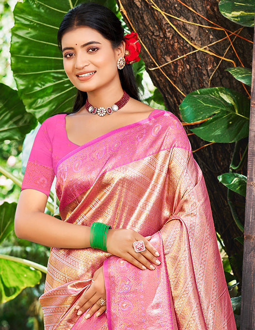Sangam Prints Rani Pink Kanjivaram Silk Woven Work Traditional Saree - Distacart
