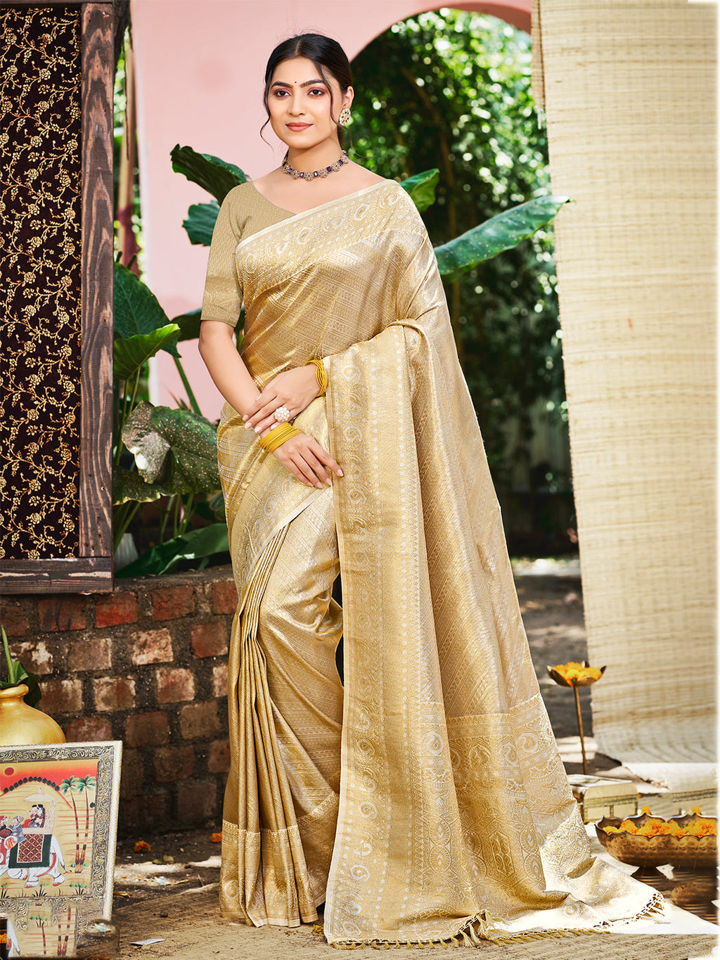 Sangam Prints Beige Kanjivaram Silk Woven Work Traditional Saree - Distacart