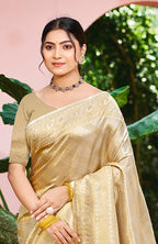 Sangam Prints Beige Kanjivaram Silk Woven Work Traditional Saree - Distacart