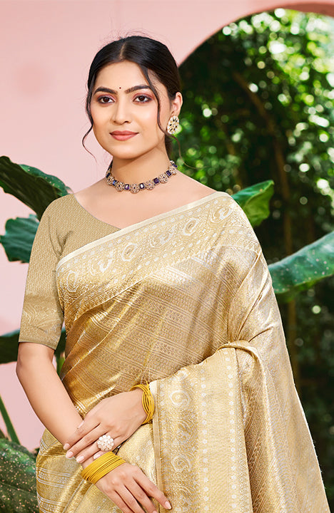 Sangam Prints Beige Kanjivaram Silk Woven Work Traditional Saree - Distacart