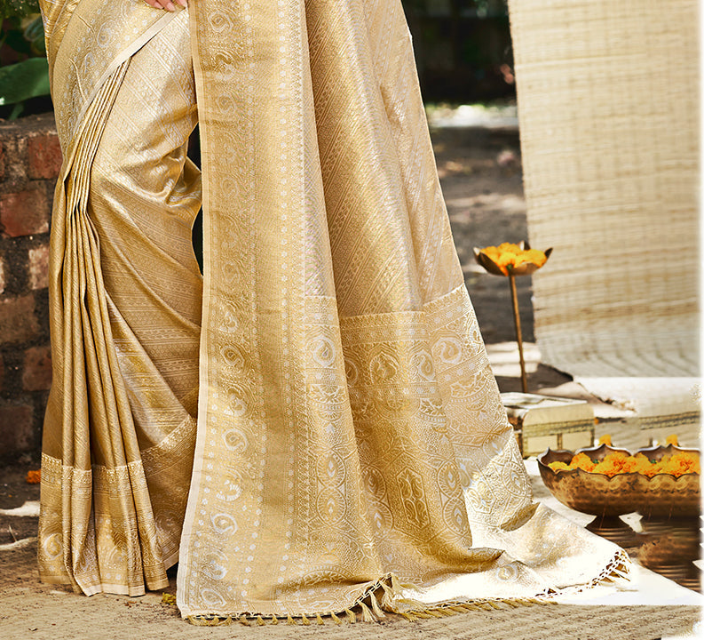 Sangam Prints Beige Kanjivaram Silk Woven Work Traditional Saree - Distacart