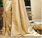 Sangam Prints Beige Kanjivaram Silk Woven Work Traditional Saree - Distacart