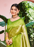 Sangam Prints Green And Gold Kanjivaram Silk Woven Work Traditional Saree - Distacart