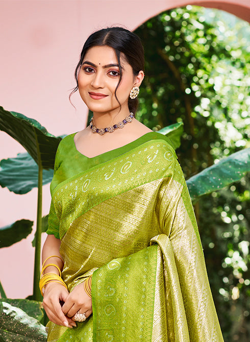 Sangam Prints Green And Gold Kanjivaram Silk Woven Work Traditional Saree - Distacart