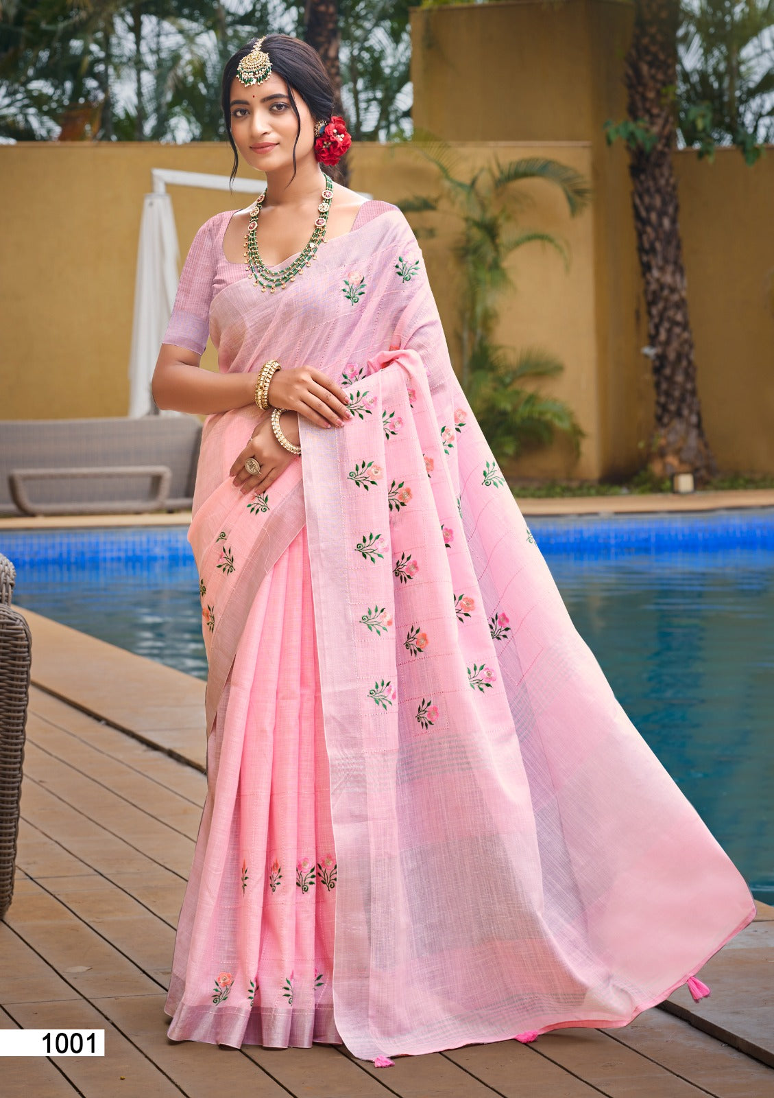 Prazu Fashion Baby Pink Linen Cotton Weaving Wedding Wear Saree - Distacart