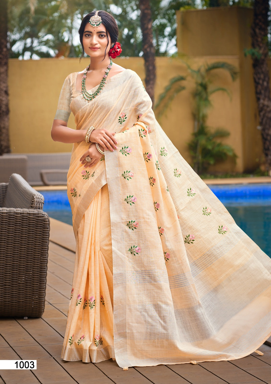 Prazu Fashion Cream Linen Cotton Weaving Wedding Wear Saree - Distacart