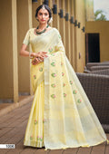 Prazu Fashion Light Yellow Linen Cotton Weaving Wedding Wear Saree - Distacart