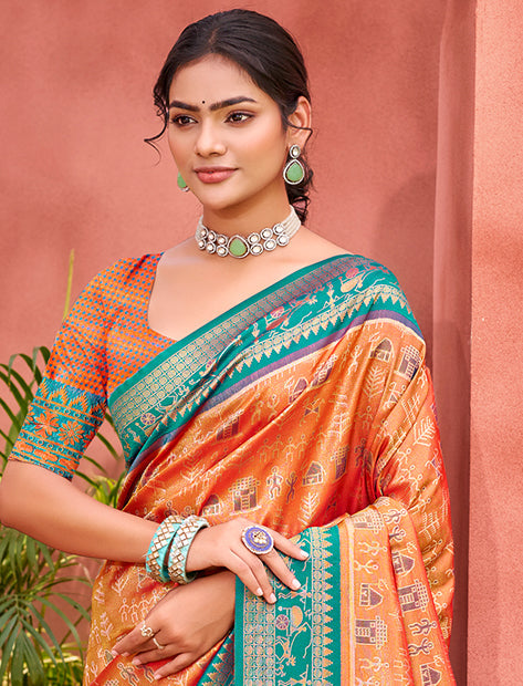 Sangam Prints Light Orange Kanjivaram Silk Woven Work Traditional Saree - Distacart