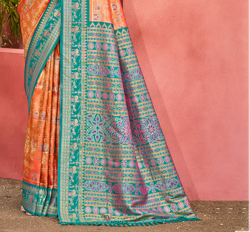 Sangam Prints Light Orange Kanjivaram Silk Woven Work Traditional Saree - Distacart