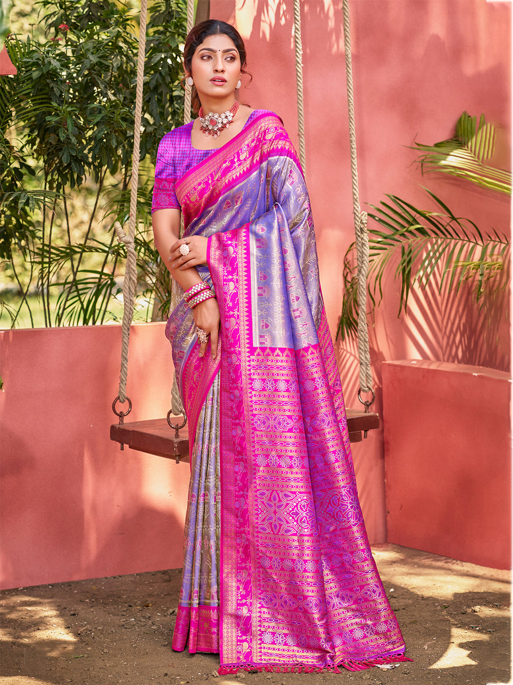 Sangam Prints Lavender Kanjivaram Silk Woven Work Traditional Saree - Distacart